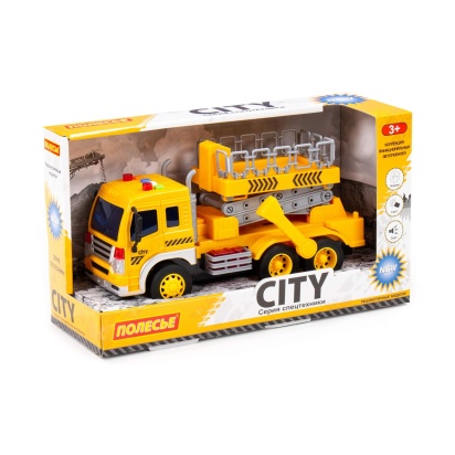 Сити, автомобиль с подъёмником инерционный (со светом и звуком) (жёлтый) (в коробке) 89762